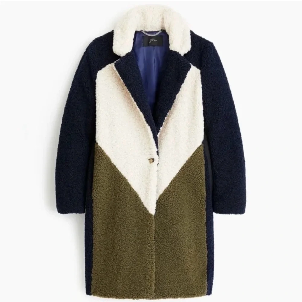J. Crew Colorblock Teddy Coat in Navy, Cream & Olive